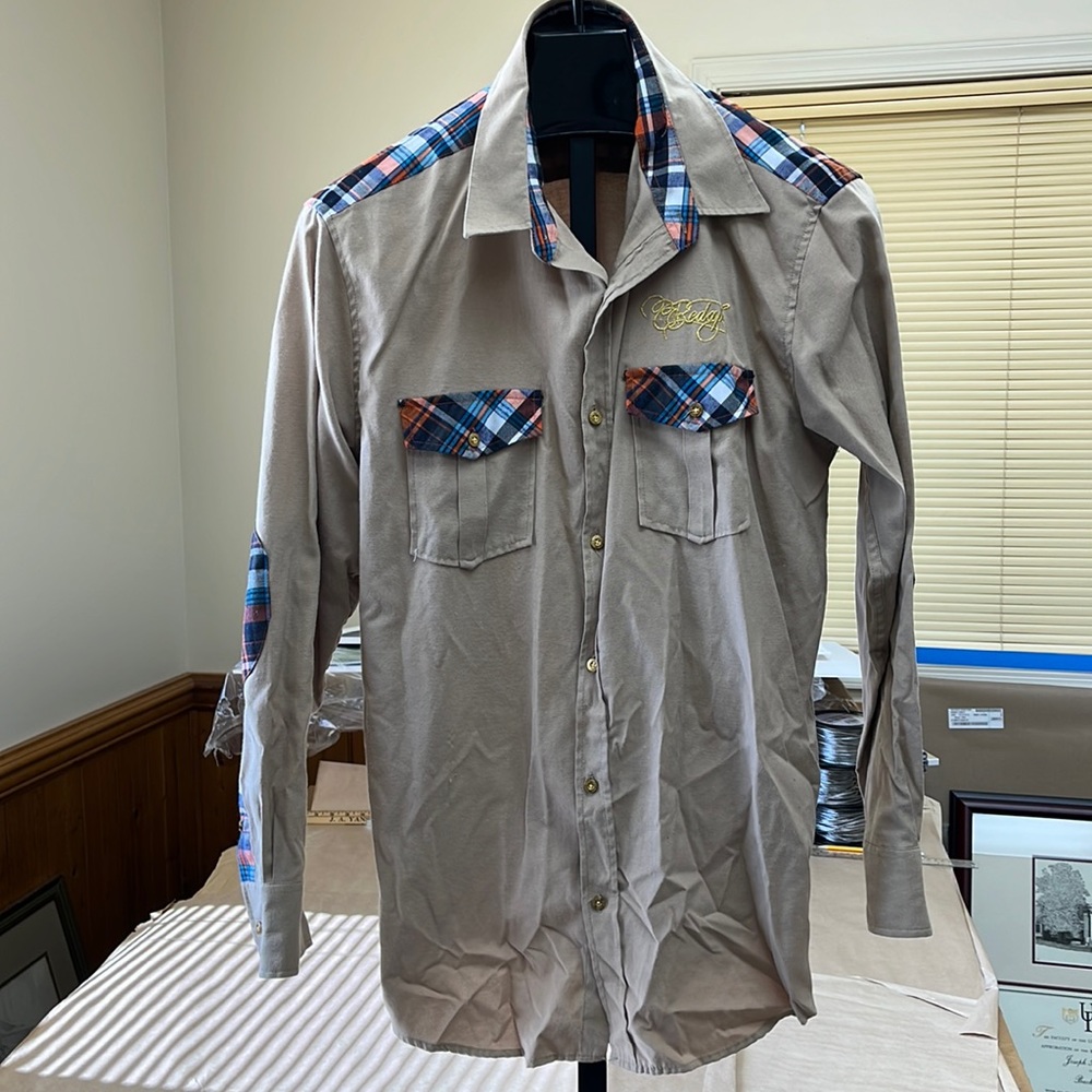 Red Ape western, long sleeve, orange/blue/white plaid gently used.